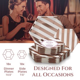 PARTY DISPOSABLE 36 PC DINNERWARE SET | 18 Dinner Plates | 18 Side Plates | Heavyweight Paper Plates | Hexagon Design | Biodegradable Plates for Upscale Wedding and Dining (Stripe Collection – Rose)