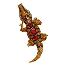 CYPINA Vintage Enamel & Crystal Red Stone Accent Champagne Brown Large Alligator Brooches Pins Dangerous Animal Jewelry