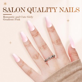 VAVAVAILS Press On Nails Long Coffin Shaped Semi-Transparent False Nails, Full Cover Pink Blush Fake Nails, Reusable 12 Sizes - 24 Nail Kit with Glue & Jellied Gel