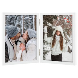Frametory, Double 5x7 Hinged Picture Frame in White - Stand on Desktop or Tabletop - Definition Glass - Classic Display for Photos and Memories, 2-5x7