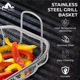 Homi Styes Grill Baskets for Outdoor Grill – 15 x 11-inch Vegetable Grill Basket – Grill Vegetable Basket with Handles – Rustproof Stainless Steel Mesh Veggie Grilling Basket