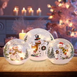 PHITRIC Christmas Decorations Indoor for Home, 3 pcs Sparkling Christmas Snowman Globes with LED Lights and Timer, Tabletop Christmas Decor, Xmas Decorations for Fireplace, Home Decor Indoor