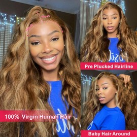 MARUOL Honey Blonde Ombre 13x6 Lace Front Wigs Human Hair 200% Density Highlight Body Wave HD Lace Front Wigs Pre Plucked Glueless P4/27 Colored Wig for Women Average Cap Tangle Free 24in