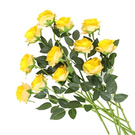Kisflower 12Pcs Roses Artificial Flowers Realistic Single Stem Flowers Silk Rose Bouquet for Wedding Party Office Home Decor (Gradient Yellow)