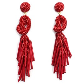 Handmade Beaded Solid Color Post Statement Earrings for Women All Season 4 inch Long (Red)