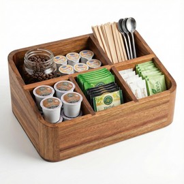 Dstuff Acacia Wood Coffee Station Organizer for Countertop, Tea Organizer and Holder, Coffee Bar Caddy with Multiple Compartments for Home and Office Decor
