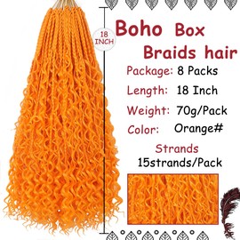 Beverlee 18 Inch Boho Box Braids 8 Packs Goddess Box Braids Crochet Hair Bohemian Hippie Braids Braiding Hair Box Braids with Curly Ends Messy Pre-looped Synthetic Crochet Hair for Women Orange#