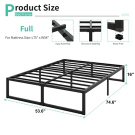 Lutown-Teen 16 Inch Full Size Bed Frame No Box Spring Needed, Heavy Duty Metal Platform Beds with Sturdy Steal Slats for Mattress Foundation, Easy Assembly, Noise Free, Black