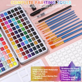 Azyvum Watercolour Paint Set 168 Colours in Portable Box, with Brush and Watercolour Paper, Watercolour for Travel, Watercolours for Artists, Hobby Painters and Painting Lovers