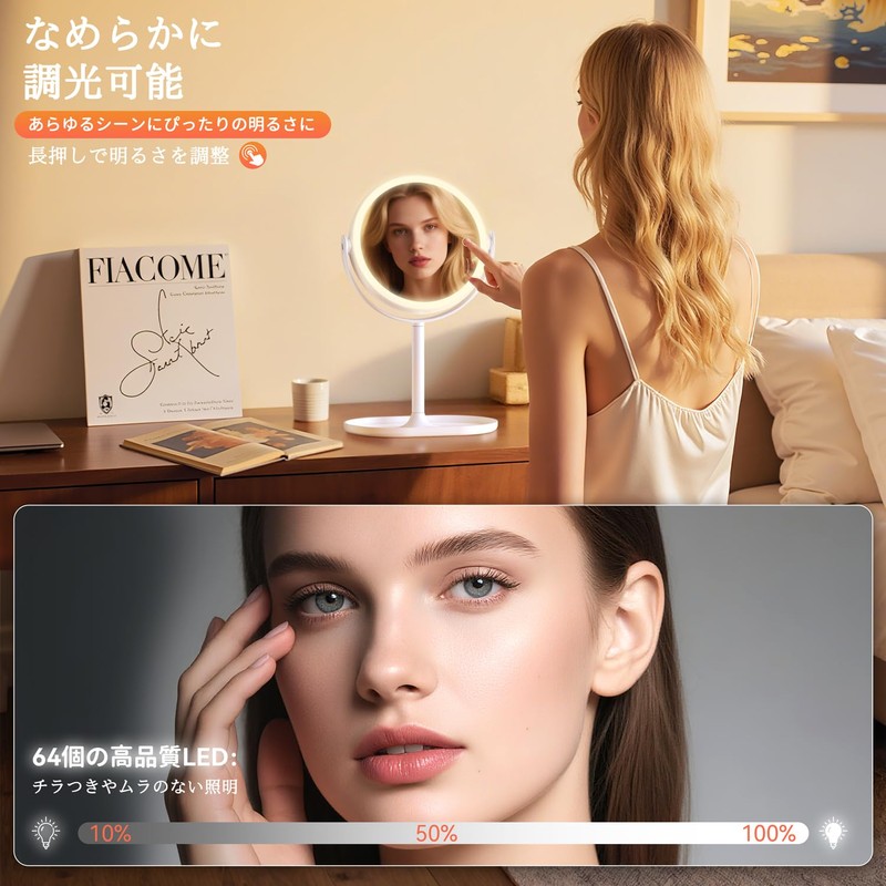 Auxmir 鏡 卓上 女優ミラー 拡大鏡 30倍と等倍 64個LEDライト付き 3光色 卓上ミラー 明るさ無段階調光