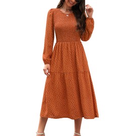 Ellakoko Long Sleeve Midi Dress for Women Fall Smocked Tiered Floral Dress Camel L