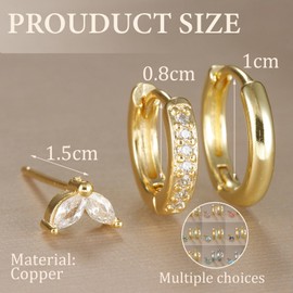 XSDSLS 3 Piece Gold Earrings Set for Women Hypoallergenic Small Hoop Earrings Stackable Cubic Zirconia Stud Earrings Hoop Earrings Sleeping Golden Earrings for Multiple Piercings, Unit size, Copper,