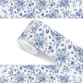 Motiskyy 65 Feet Blue Floral Bulletin Board Borders Blue Flower Bulletin Border Board Blackboard Chinoiserie Straight Wavy Scalloped Trim Borders for Classroom Office Home Decor