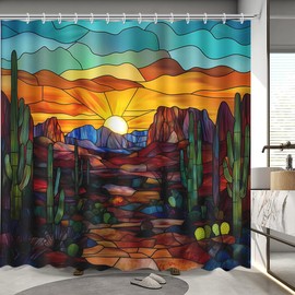 MEHOFOND Southwestern Desert Sunset Shower Curtain,Colorful Stained Glass Effect Bathroom Decor,Red Blue Green Orange Yellow Boho Landscape Cactus Natural Scene Shower Curtain with Hooks, 72 x 72in