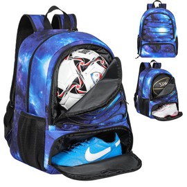 Soccer Ball Bag Backpack for Men with Ball & Shoes Compartment 32L Capacity Lightweight Breathable Boys Girls Basketball Bag Backpack Fit Volleyball Football Sports Travel School Gym Starry Blue