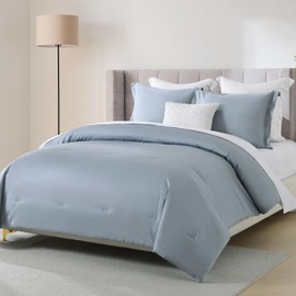 SahSahCasa Queen Comforter Set, Fluffy Comforter Bedding Set, 100% Cotton Comforter, Solid Color Comforter, Lightweight Quilted Comforter for Queen Size Bed, 90" × 90", 3pcs, Down Alternative, Blue