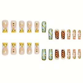 Buttterfly Press on Nails Long Square Fake Nails French Tip Press on False Nails with 3D Butterfly and Ombre Design Acrylic Nails Long Nails Press ons Stick on Nails for Women 24pcs