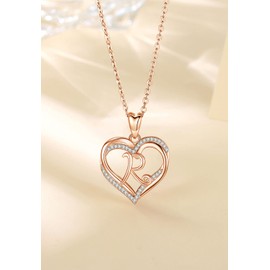 INFUSEU R Necklace Initial Heart Rose Gold Letter Jewelry Cubic Zirconia for Women Wife Mom Friend Sister Birthday Romantic Gifts, 20 Inch Chain