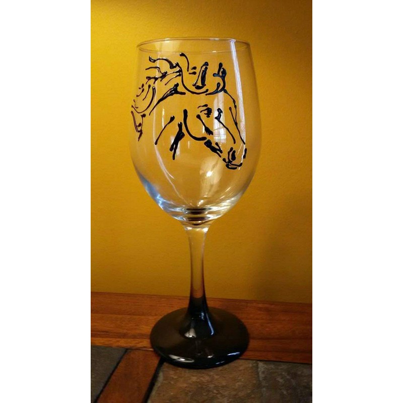 Black Stallion Horse Hand Painted Wine Glasses Set of 2