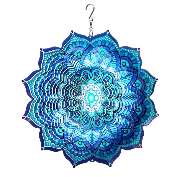 GDNIART Wind Spinner Mandala Rich Blue 12inch 3D Stainless Steel Garden Sculpture Worth Gift Laser Cut Hanging Wind Spinners Metal Kinetic Yard Art Decorations Indoor/Outdoor Décor