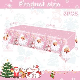 Pack of 2 Christmas Tablecloths, Rectangle Christmas Waterproof Tablecloth for Table Decorations, 137 x 274 cm, Pink Santa Claus Plastic Tablecloth for Christmas, Holiday, Winter Party Accessories