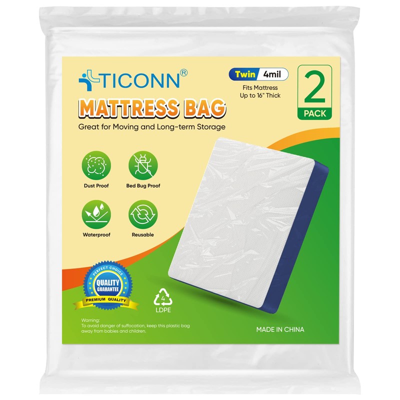 TICONN 2PK Mattress Bags for Moving, Waterproof, 16" Thick, Heavy-Duty,