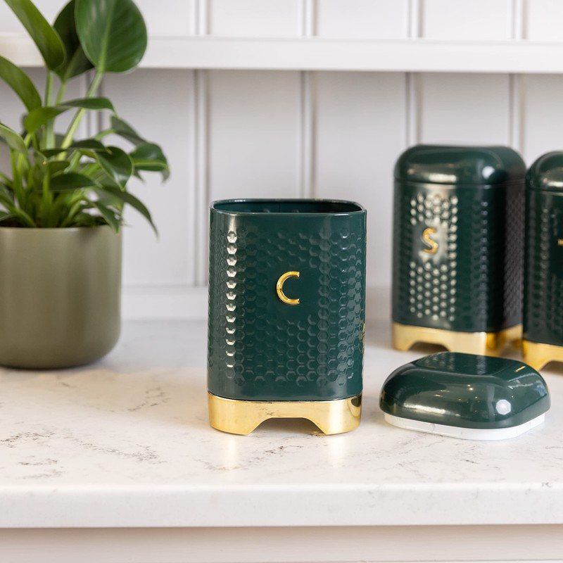 KitchenCraft Coffee Storage Canister with Lid, Hunter Green & Gold,