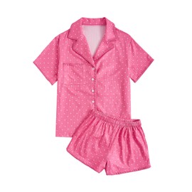 Verdusa Women's 2 Piece Pajama Sets Cute Pj Set Button Up Short Sleeve Top and Short Sleepwear Lounge Sets Pink Medium