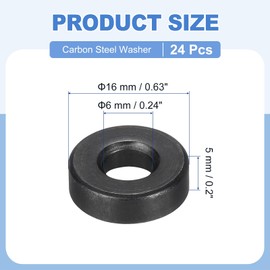 sourcing map 24pcs 1/4" Black Flat Washer for M6 Screw, Steel Metal Washers 6mm ID 16mm OD 5mm Length for Industrial, Screws Bolts