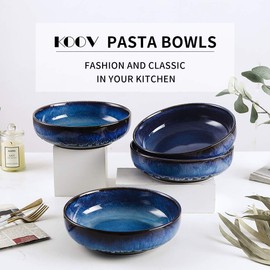 KOOV Ceramic Bowl, 46 OZ Pasta Bowls Set of 4, Large Salad Bowl Set, Large Bowl For Eating, Dinner Bowls, Stackable Serving Bowls, Reactive Glaze Series (Nebule Blue)