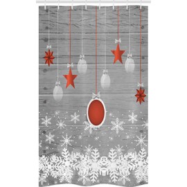 ABAKUHAUS Christmas Narrow Shower Curtain, Star Flags Snow, Bathroom Decoration Set Fabric with Hooks, 120 x 180 cm, White Grey Red