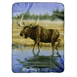 Robert Hautman Wading Moose Raschel Plush 60x80 Twin Size Throw/Blanket