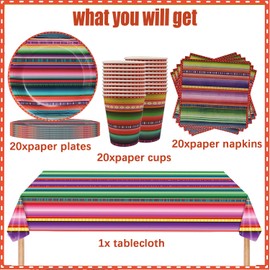 61Pcs Kids Mexican Colors Party Tableware Set, Mexican Colors Party Decoration Supplies,Rave Party Tableware Includes Plates Cups Paper Towels Tablecloth (20 People)