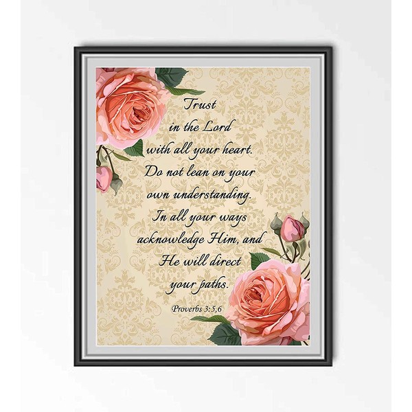 Proverbs 3:5-6-“Trust in the Lord With All Your Heart” Bible Verse Wall Art-8x10" Floral Typographic Scripture Print-Ready to Frame. Home-Office-Church Décor. Great Christian Gift. Have Faith in Him!