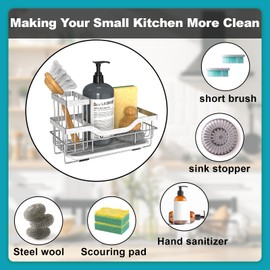Vanwood Kitchen Sink Caddy Organizer Sponge Holder for Kitchen Sink, Rustproof Dish Soap Sponge Caddy for Counter with Detachable Brush Holder & Drain Tray - Storage Home & Cocina Accesorios, SILVER