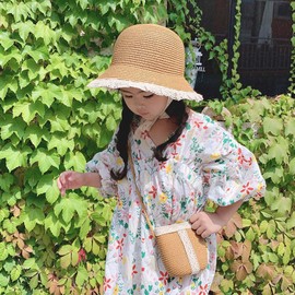 2pcs Girls Sun Hat with Shoulder Bag Set Large Brim Beach Straw Hat Purse UPF50+ Cute Lace Travel Party Summer Cap Khaki