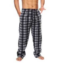 Active Club Mens Fleece Pajama Pants - Plaid Mens PJ Pants - Mens Lounge Pants with Pockets - Men's Sleepwear (Black/White, Large)