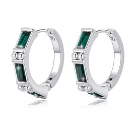 Rectangle Austrian Crystal Baguette Huggie Hoop Earrings for Women Men 14K White Gold Plated Hypoallergenic Trendy Jewelry (Emerald Green Crystal/Silver Tone)