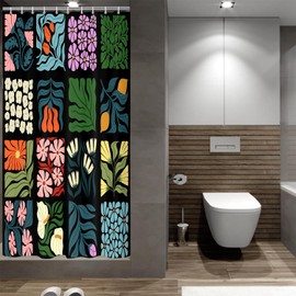 JAWO Retro Shower Curtain Vintage Abstract Boho Floral Shower Curtains for Bathroom Decor Black Blue Botanical Geometric Groovy Aesthetic Pattern Shower Curtain Sets with Hooks, 36X72IN