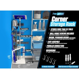 PeerBasics Corner Storage Rack, Home Tool Storage Organization, Up to 35 Tools like Mops Brooms Towels Dust Pan Squeegee, House Closet Garage Garden Yard Plus Pegboard, Polypropylene, Off White