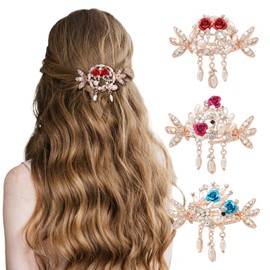 Molans 3pcs Rhinestone Crystal Hair Clips Rose Flower Style Crystal for Thin Hair Hair Claw Clips for Women and Girls(Two Rose Flowers,Red/Lake Blue/lavender)