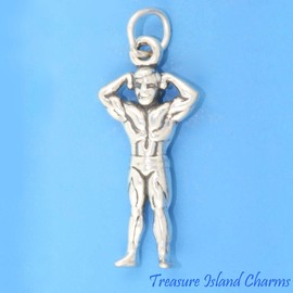 Generic Bodubuilder Muscle Man Weight Lifter 3D 925 Solid Sterling Silver Charm Pendant Bracelet Jewelry Making Supply, TI2981