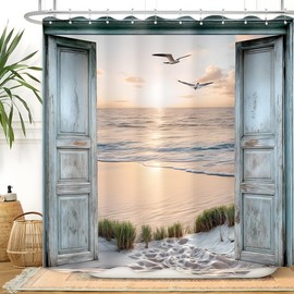 Vengaot Beach Coastal Shower Curtain 72Wx72L Inch Ocean Rustic Teal Barn Door Nautical Summer Hawaiian Seascape Seaside Wave Retro Wood Bathroom Curtains Sunrise Waterproof Fabric 12 Plastic Hooks