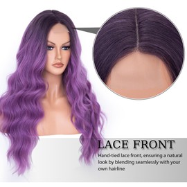Yamel Ombre Purple Wig Synthetic Natural Long Hair Wig 26 Inch Adjustable Curly Wavy Middle Part Lace Front Wigs for Women