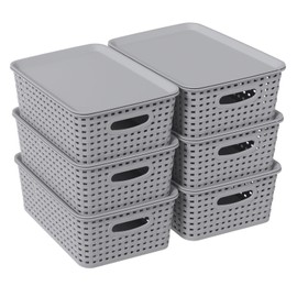 Wekioger Small Plastic Woven Basket, 6 Pack Grey Lidded Storage Basket Bins