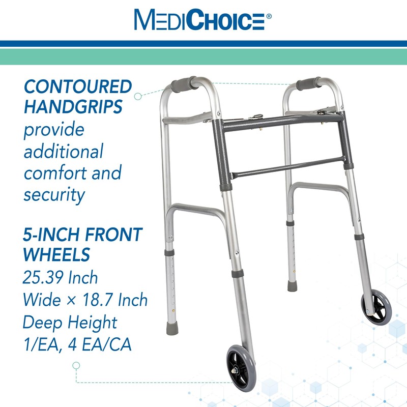 MediChoice Dual-Release Two Button/Folding Walker, Height Adjustable with 5 Inch