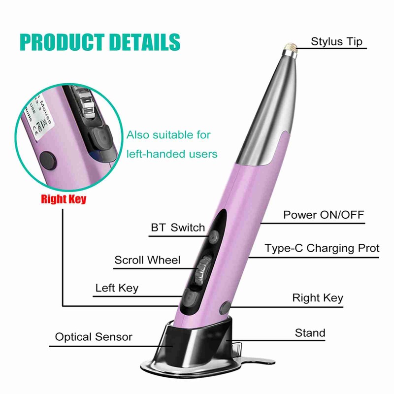 Wireless Optical Pen Mouse USB Dual BT Mode 800/1200/1600DPI Adjustable