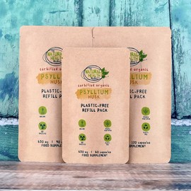Organic Psyllium Husk Capsules 650mg by The Natural Health Market (120 Capsule Pouch) | High Soluble Fibre Supplement | Organic Prebiotic Supplement | Plastic Free Vegan Capsules