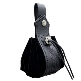 HiiFeuer Medieval Faux Leather Drawstring Pouch, Retro Nordic Portable Coin Purse, Vintage Belt Pouch Dice Bag For LARP Ren Faire (Black C)