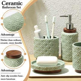 RQYIXI Elegant Bathroom Accessories Set 4 PCS Ceramic and Wood Bathroom Accessory Set Soap Dispenser Toothbrush Holder Tumbler Soap Dish Easy to Clean Quatrefoil Pattern Green